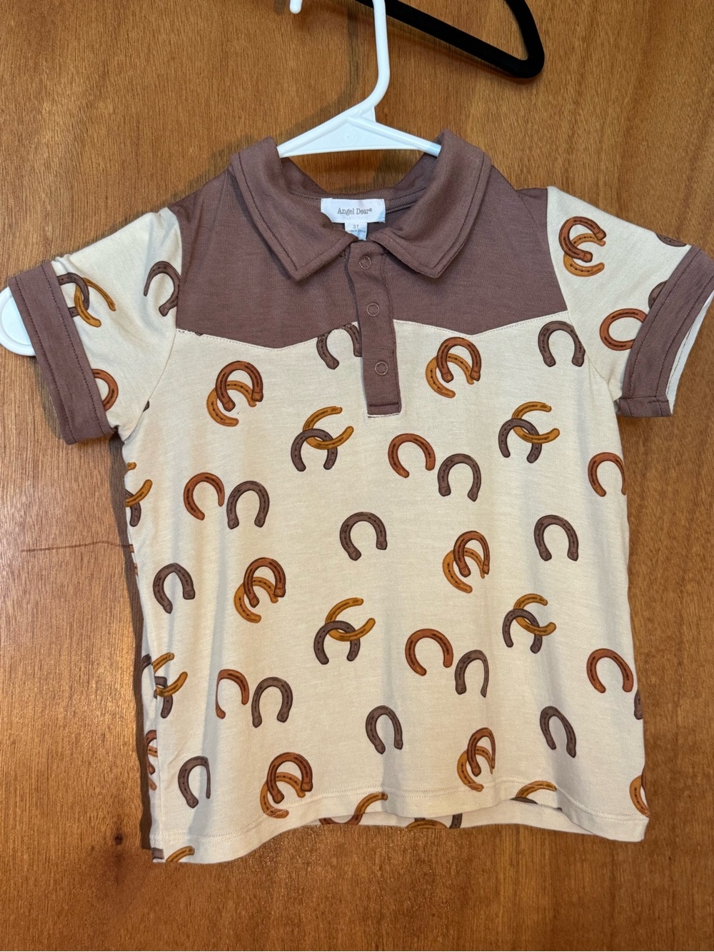 NWT Angel Dear 3T Bamboo Horseshoe Western Cowboy Polo Shirt Brown Cream - Picture 2 of 7